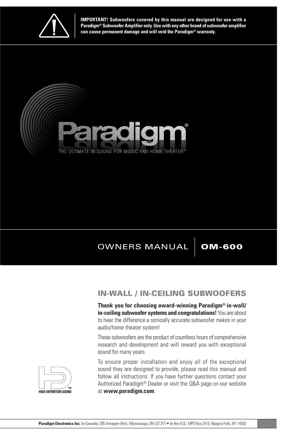 Paradigm Paradigm In-Wall / In-Ceiling Subwoofers, OM-600 owner manual IN-WALL / IN-CEILING Subwoofers 