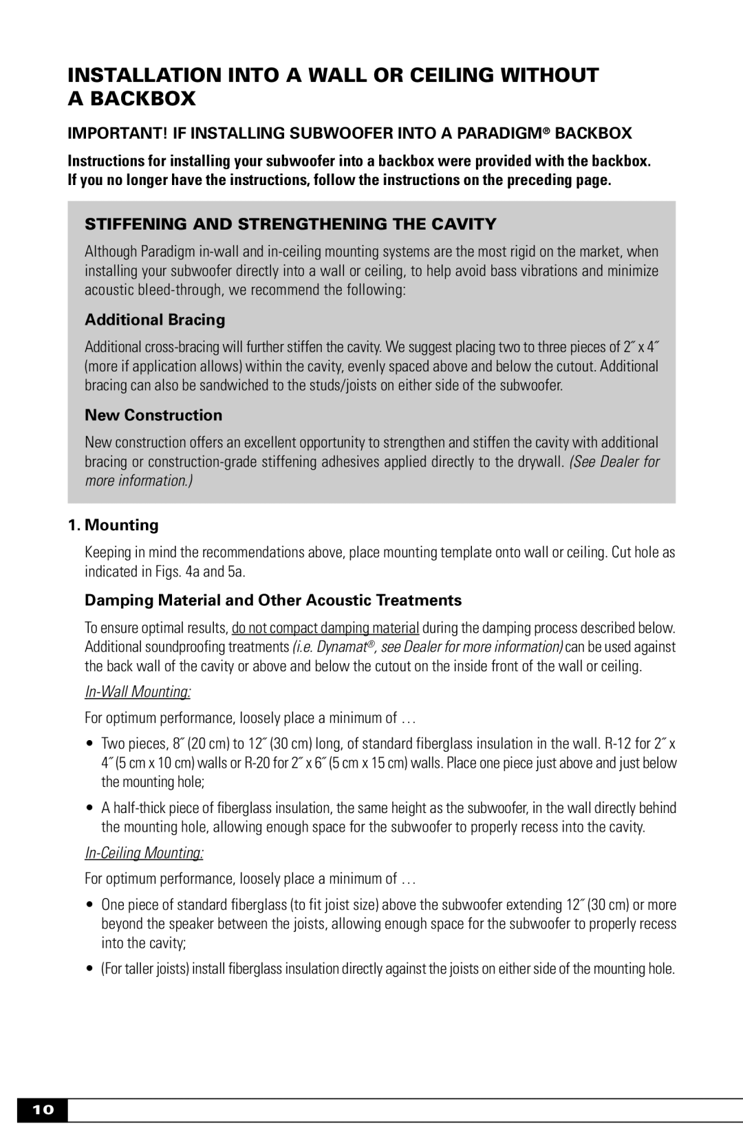 Paradigm OM-600 owner manual Additional Bracing, New Construction, Mounting, Damping Material and Other Acoustic Treatments 