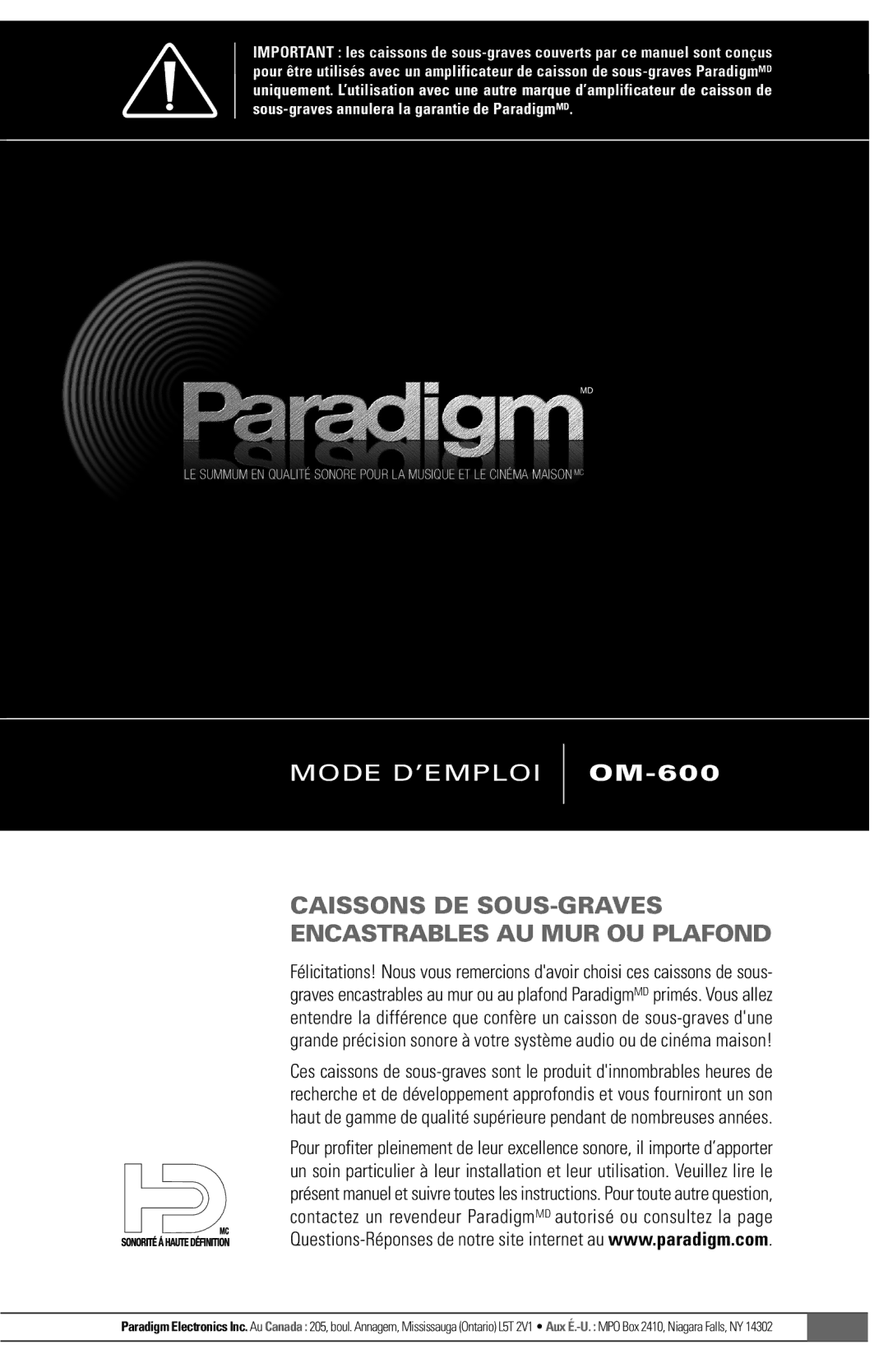 Paradigm Paradigm In-Wall / In-Ceiling Subwoofers, OM-600 Caissons DE SOUS-GRAVES Encastrables AU MUR OU Plafond 