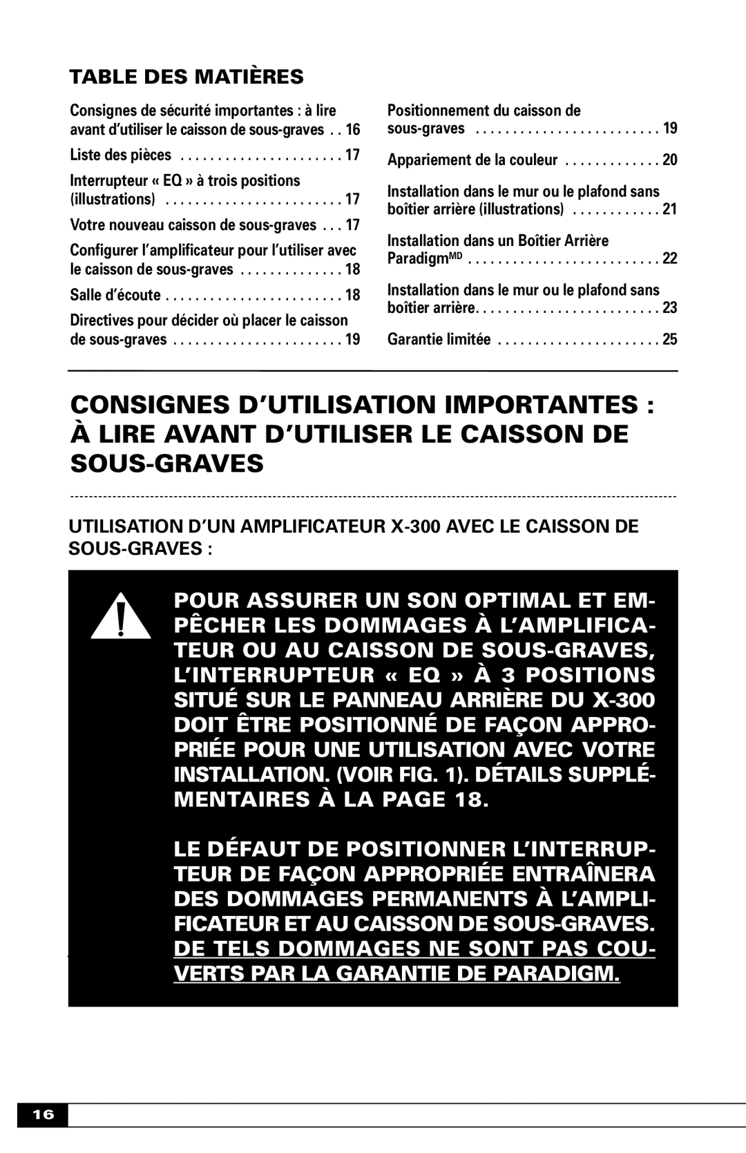 Paradigm OM-600, Paradigm In-Wall / In-Ceiling Subwoofers owner manual Table DES Matières, Salle d’écoute 