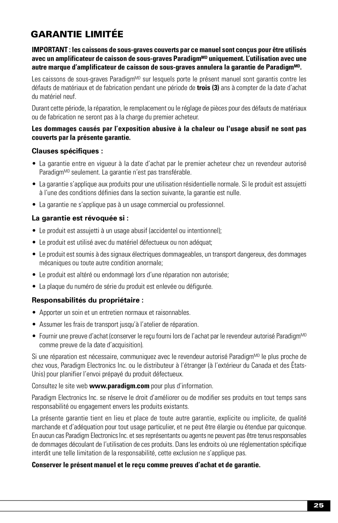 Paradigm Paradigm In-Wall / In-Ceiling Subwoofers, OM-600 owner manual Garantie Limitée, La garantie est révoquée si 