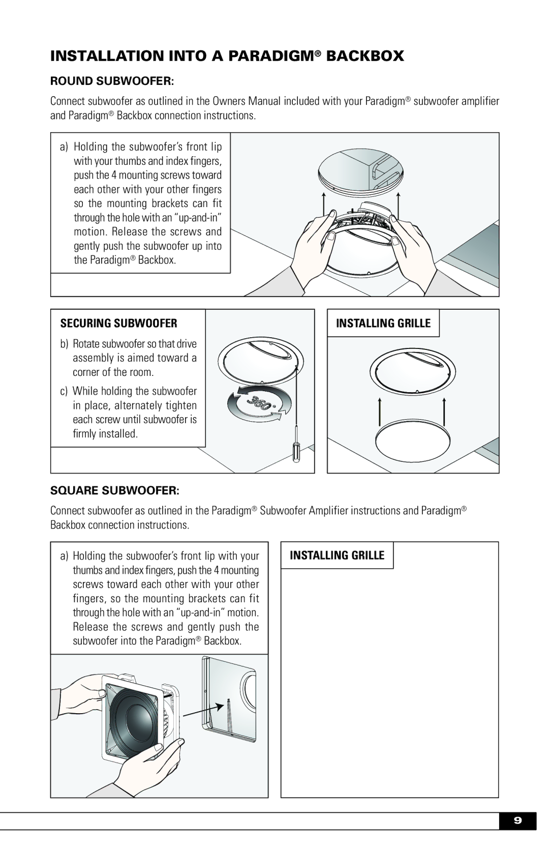 Paradigm Paradigm In-Wall / In-Ceiling Subwoofers, OM-600 owner manual Installation Into a Paradigm Backbox, Round Subwoofer 