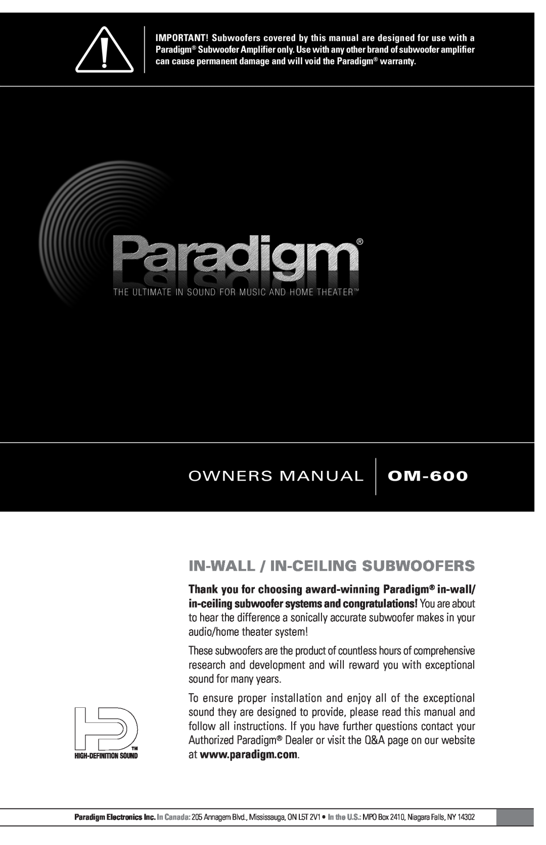 Paradigm Paradigm In-Wall / In-Ceiling Subwoofers owner manual In-Wall / In-Ceilingsubwoofers, OM-600 