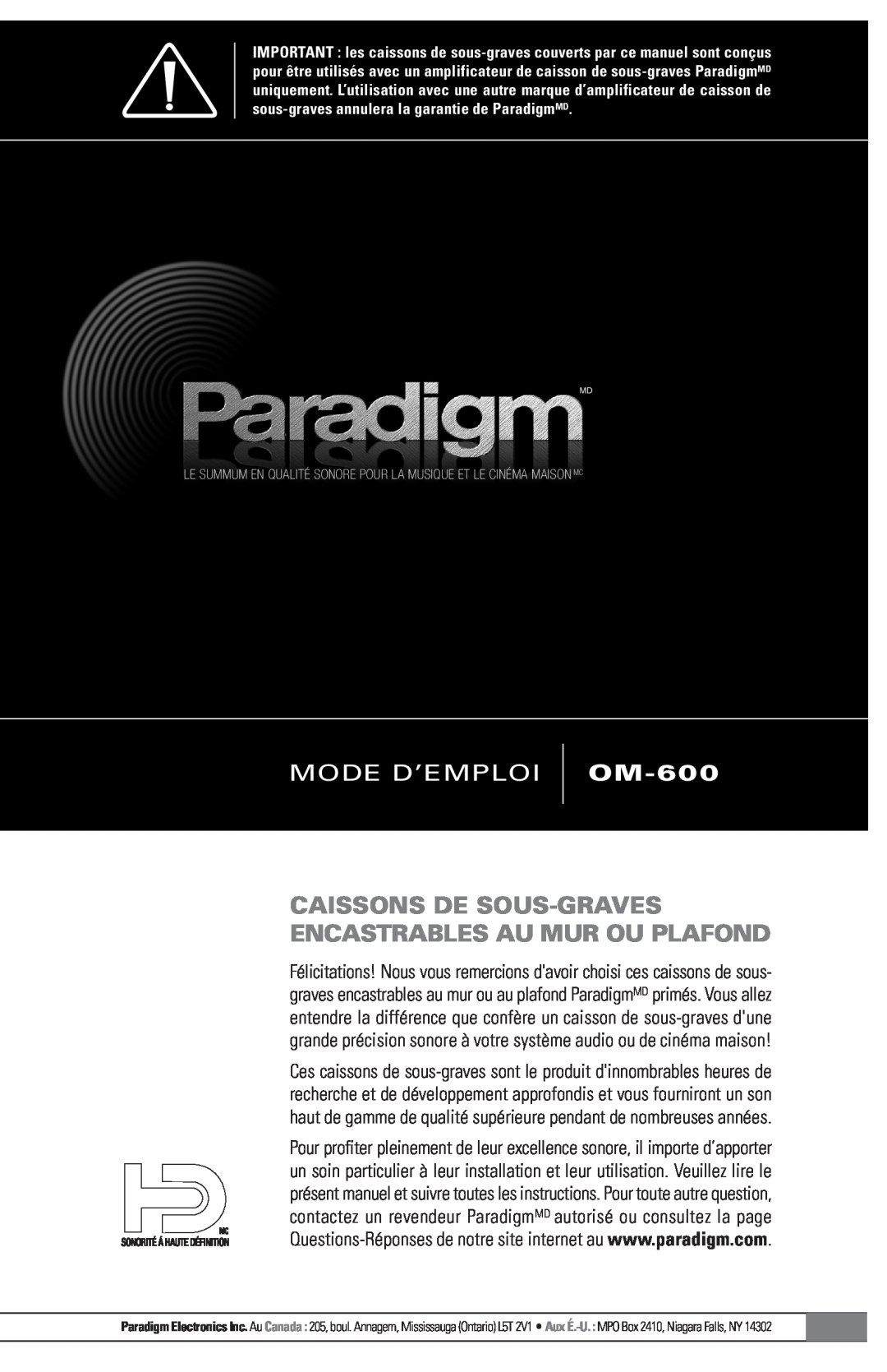Paradigm Paradigm In-Wall / In-Ceiling Subwoofers owner manual Mode D’Emploi, OM-600 