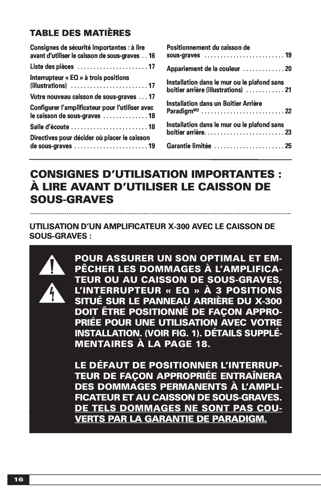 Paradigm OM-600 Consignes D’Utilisation Importantes, Àlire Avant D’Utiliser Le Caisson De Sous-Graves, Table Des Matières 