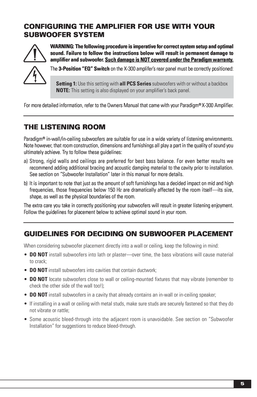 Paradigm Paradigm In-Wall / In-Ceiling Subwoofers The Listening Room, Guidelines For Deciding On Subwoofer Placement 