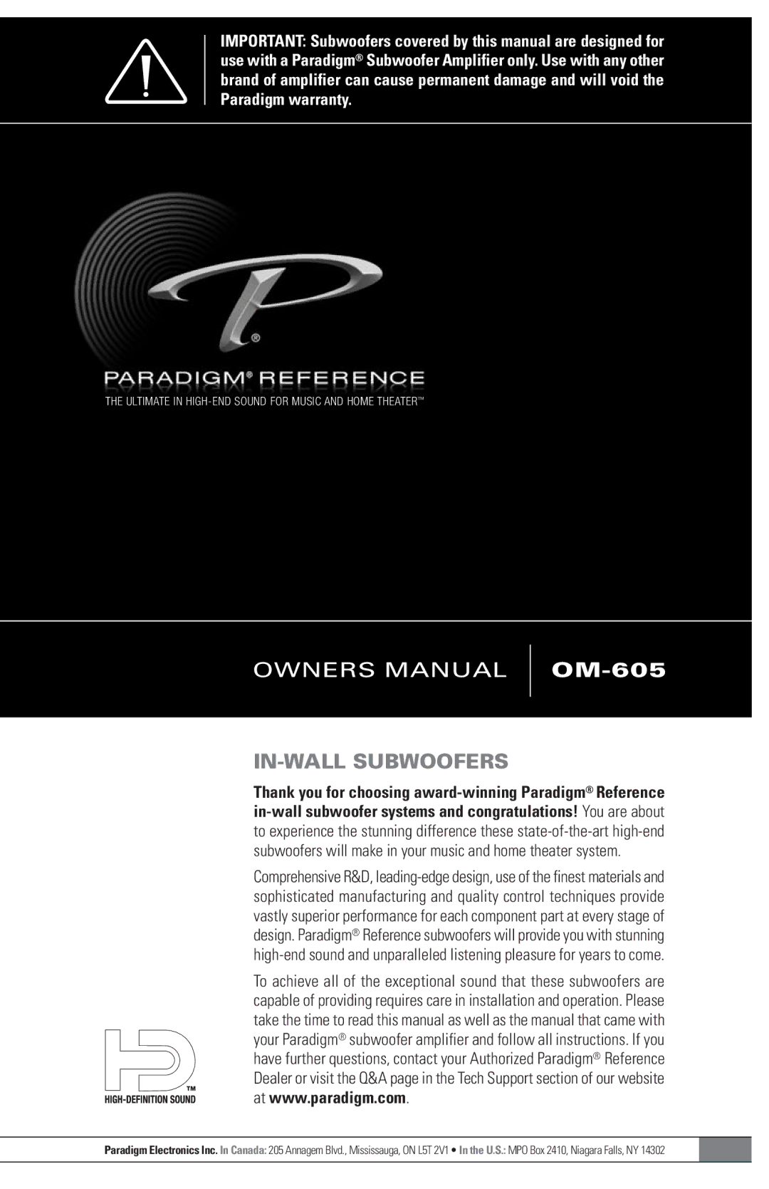 Paradigm IN-WALL SUBWOOFERS, OM-605 owner manual IN-WALL Subwoofers 