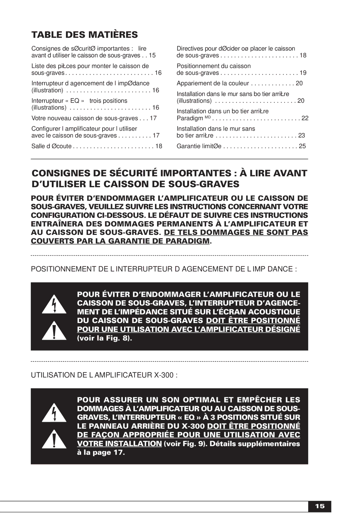 Paradigm IN-WALL SUBWOOFERS, OM-605 owner manual Table DES Matières, Votre Installation voir . Détails supplémentaires à la 