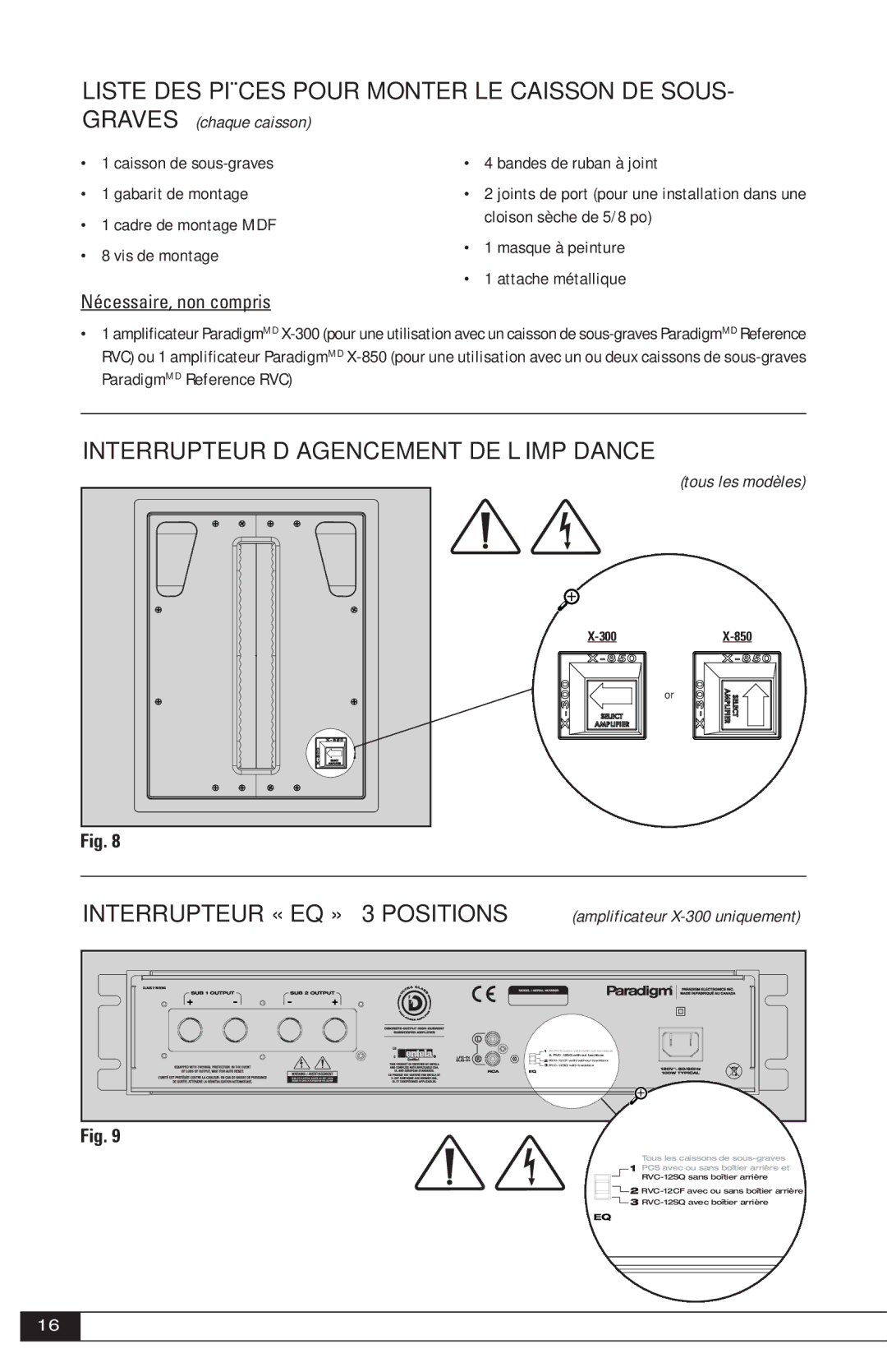 Paradigm OM-605, IN-WALL SUBWOOFERS owner manual Interrupteur D’AGENCEMENT DE L’IMPÉDANCE 