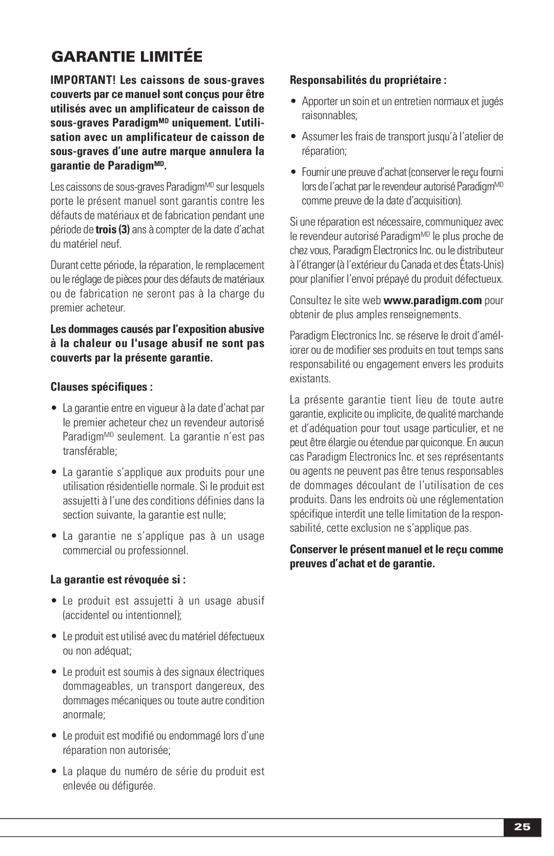 Paradigm IN-WALL SUBWOOFERS, OM-605 owner manual Garantie Limitée, Clauses spécifiques, La garantie est révoquée si 