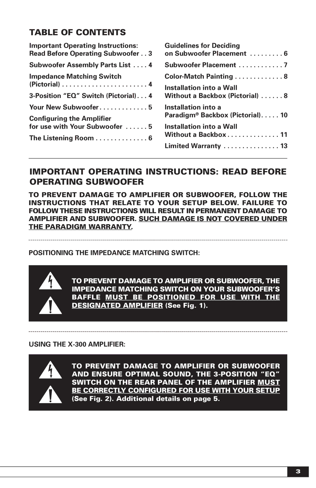 Paradigm IN-WALL SUBWOOFERS, OM-605 owner manual Table of Contents 