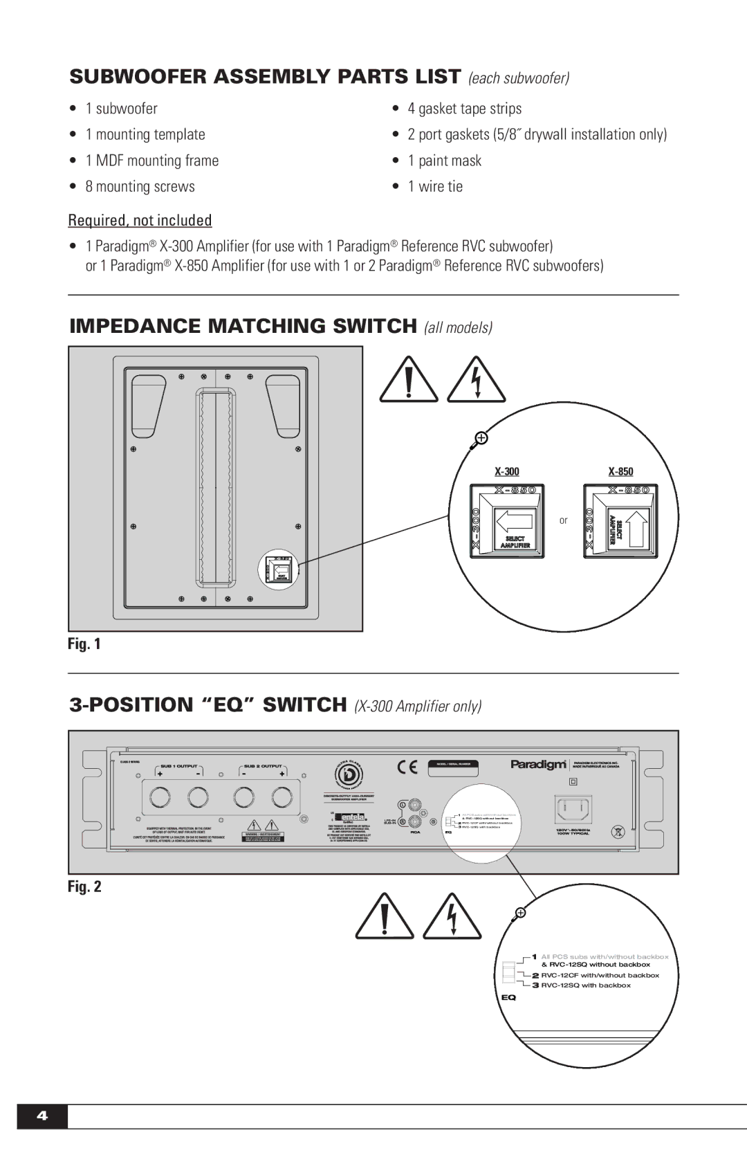 Paradigm OM-605, IN-WALL SUBWOOFERS Subwoofer Assembly Parts List each subwoofer, Impedance Matching Switch all models 