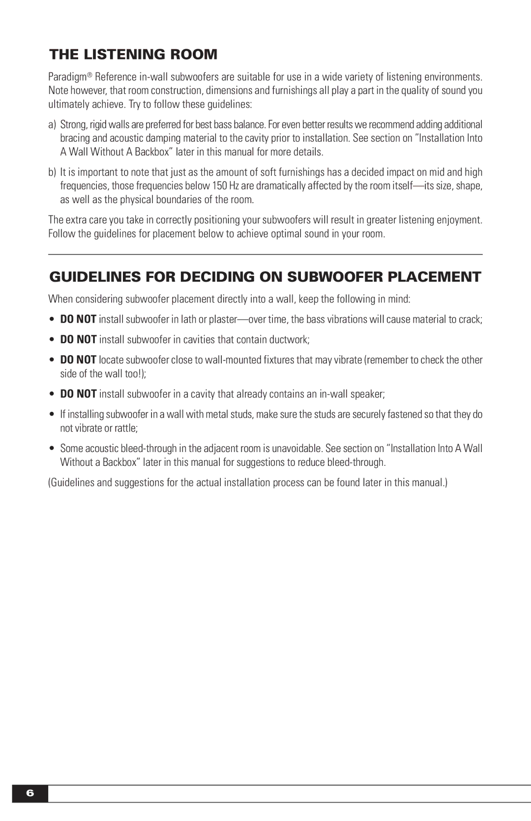 Paradigm OM-605, IN-WALL SUBWOOFERS owner manual Listening Room, Guidelines for Deciding on Subwoofer Placement 