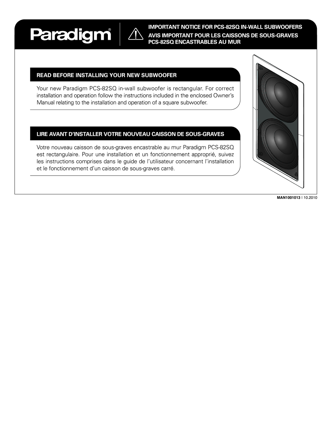 Paradigm Paradigm In-Wall Subwoofer, PCS-82SQ manual 