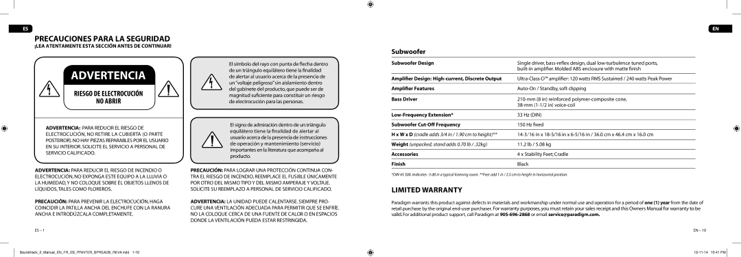 Paradigm CE1588, Soundtrack 2 owner manual Precauciones Para LA Seguridad, Riesgo DE Electrocución No Abrir 