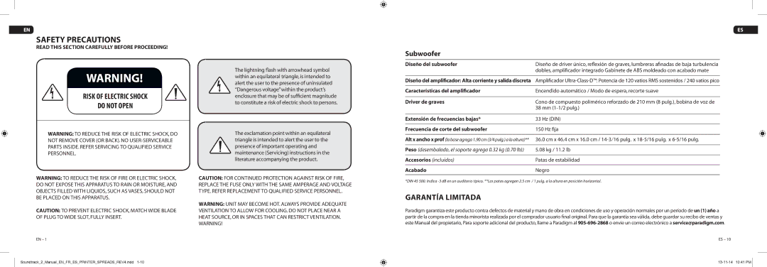 Paradigm Soundtrack 2, CE1588 Safety Precautions, Risk of Electric Shock Do not Open, Garantía Limitada, Subwoofer 