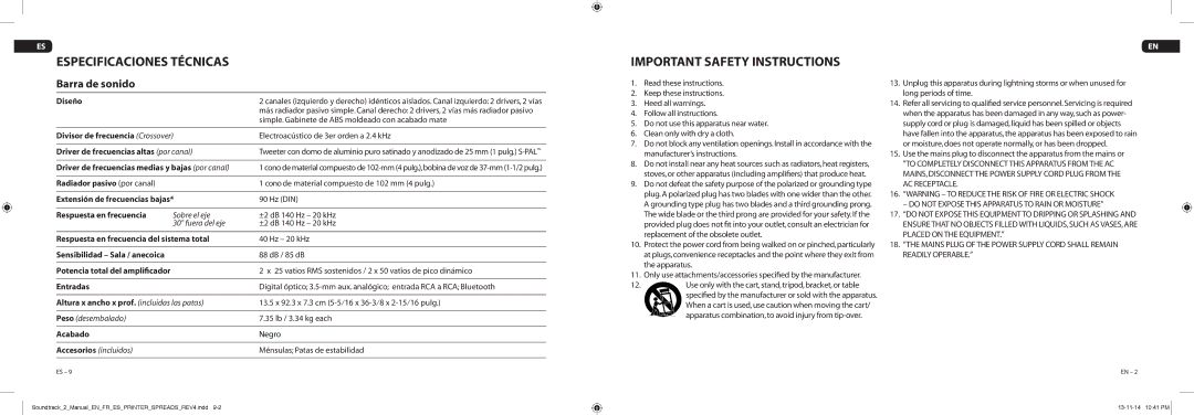 Paradigm CE1588, Soundtrack 2 owner manual Especificaciones Técnicas, Important Safety Instructions, Barra de sonido 