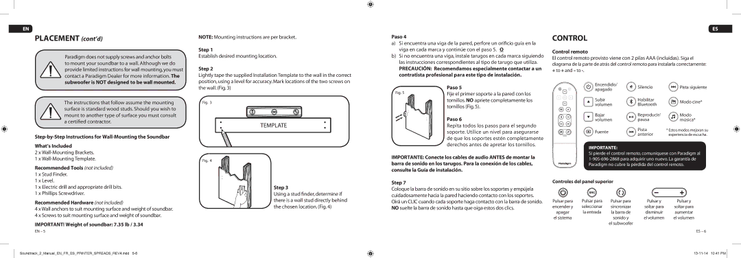 Paradigm Soundtrack 2, CE1588 owner manual Placement cont’d, Control 