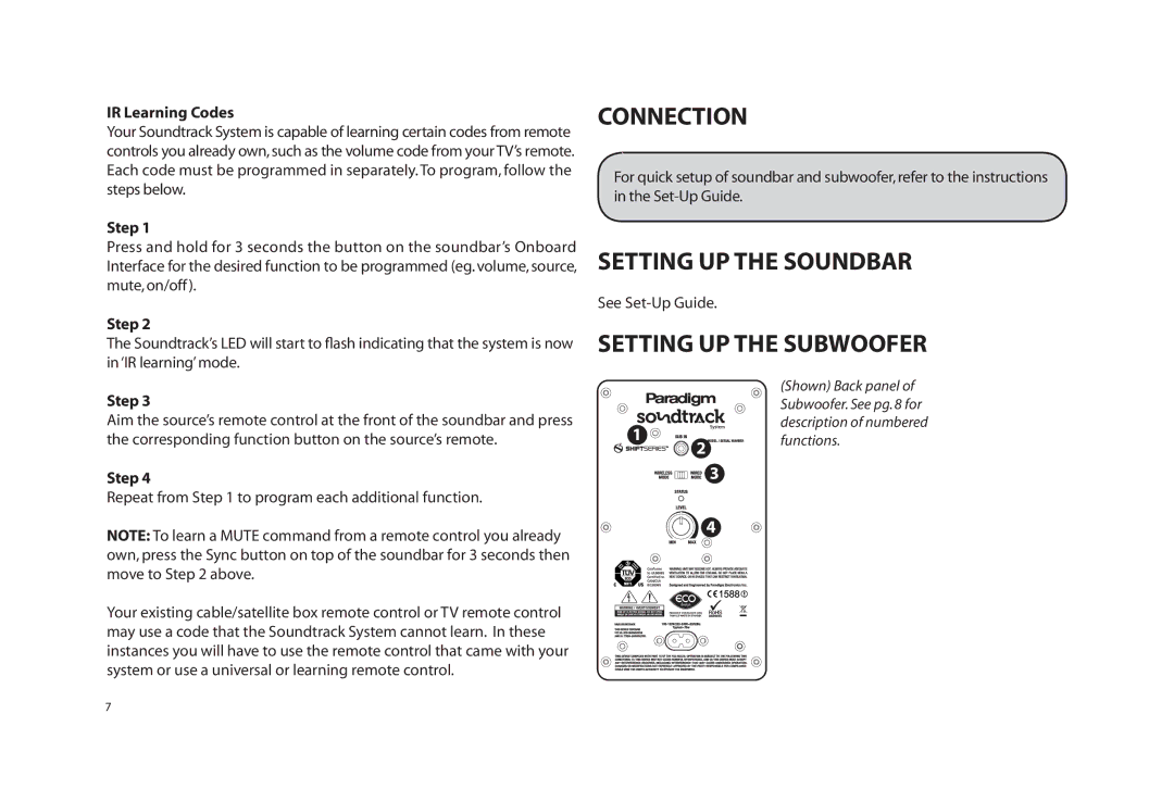 Paradigm SOUNDTRACK owner manual Connection, Setting UP the Soundbar, Setting UP the Subwoofer, IR Learning Codes 