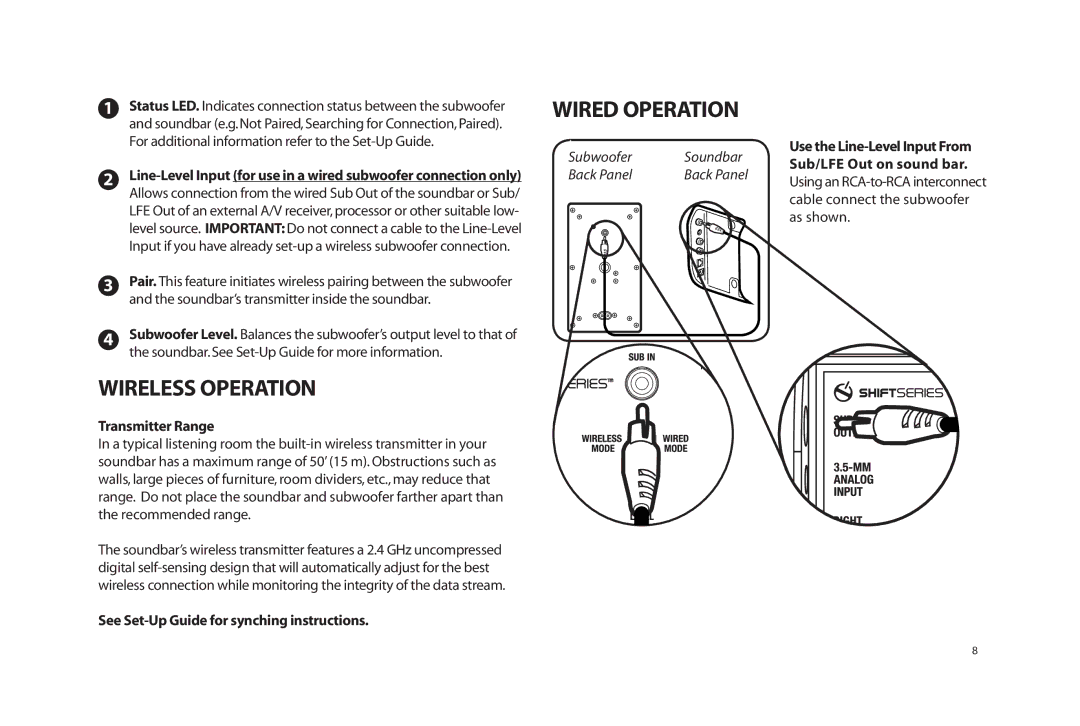 Paradigm SOUNDTRACK Wireless Operation, Wired Operation, Transmitter Range, See Set-Up Guide for synching instructions 