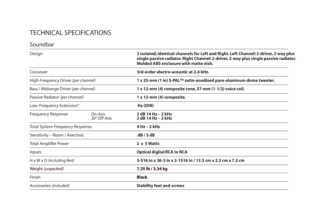 Paradigm SOUNDTRACK owner manual Technical Specifications 