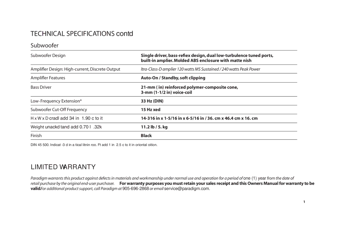 Paradigm SOUNDTRACK owner manual Limited Warranty 