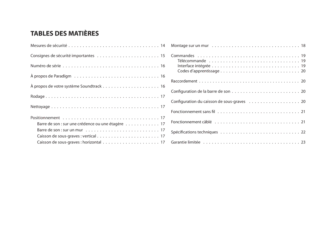 Paradigm SOUNDTRACK owner manual Tables DES Matières 