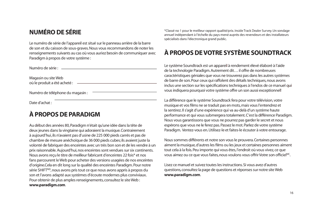 Paradigm SOUNDTRACK owner manual Numéro DE Série, Propos DE Paradigm, Propos DE Votre Système Soundtrack 