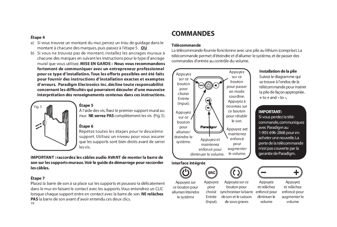 Paradigm SOUNDTRACK owner manual Commandes, Télécommande, Interface intégrée Installation de la pile 