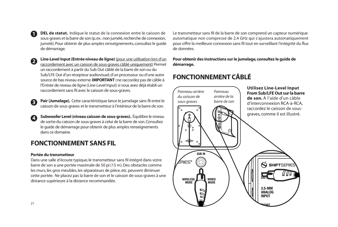 Paradigm SOUNDTRACK owner manual Fonctionnement Câblé, Fonctionnement Sans FIL, Portée du transmetteur 