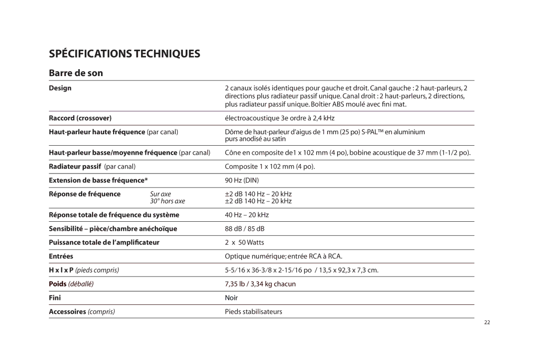 Paradigm SOUNDTRACK owner manual Spécifications Techniques 