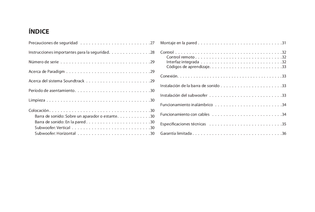 Paradigm SOUNDTRACK owner manual Índice 