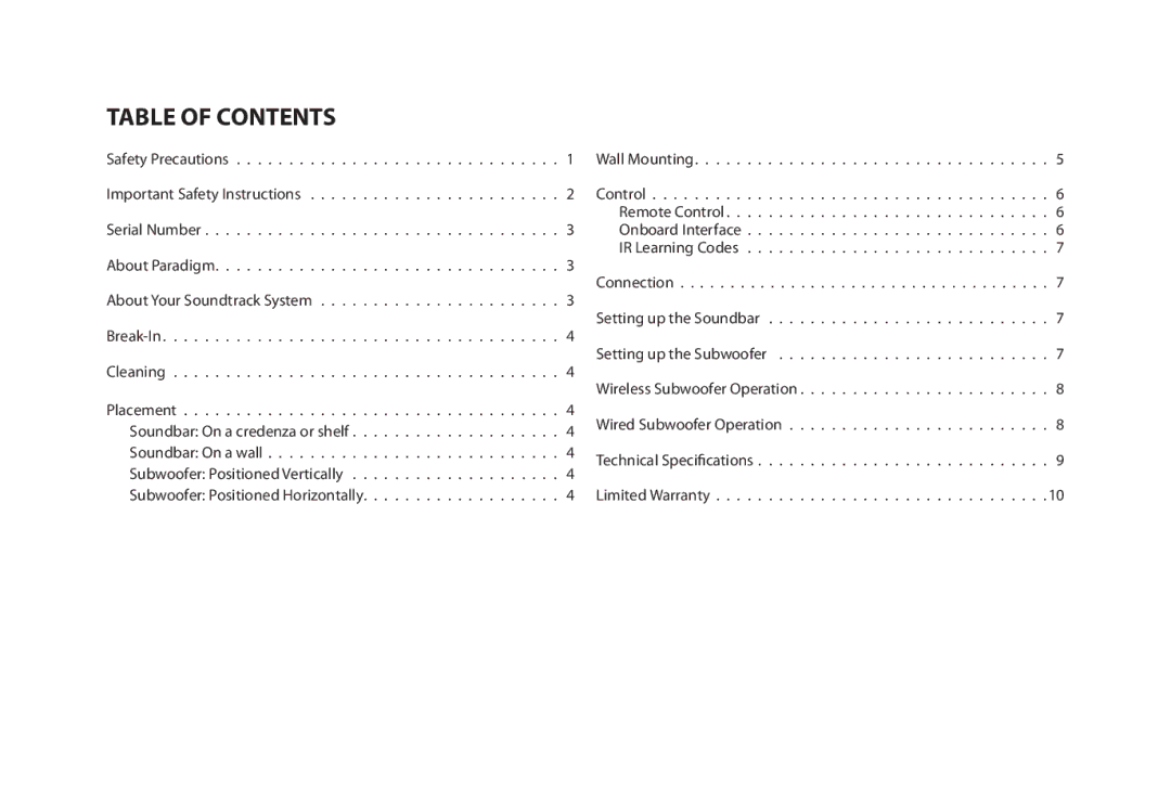 Paradigm SOUNDTRACK owner manual Table of Contents 