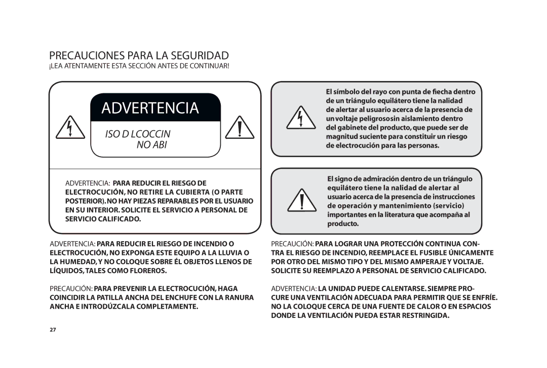 Paradigm SOUNDTRACK owner manual Precauciones Para LA Seguridad, Riesgo DE Electrocución No Abrir 