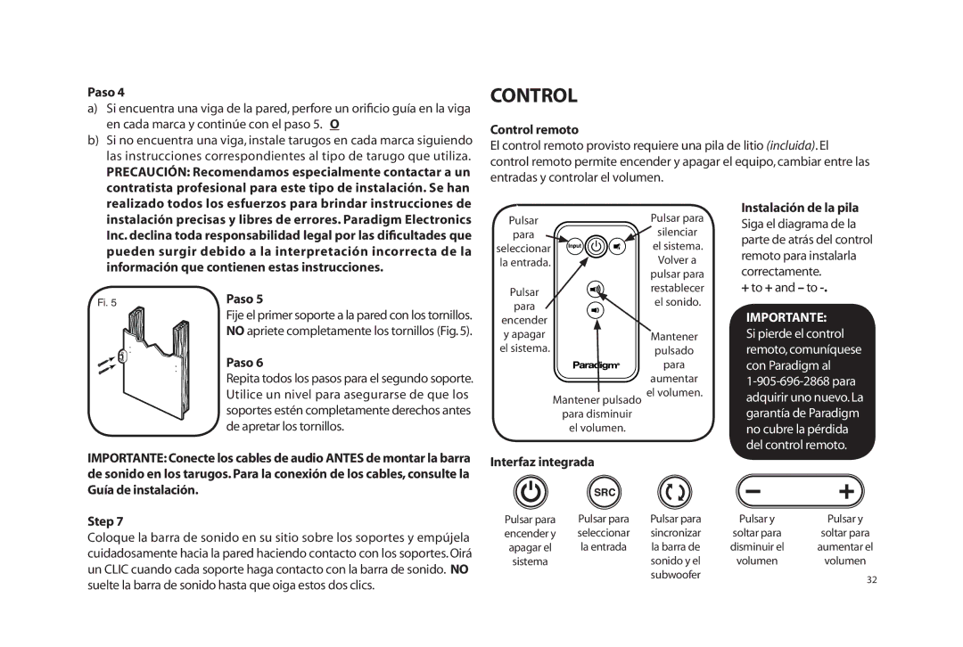 Paradigm SOUNDTRACK owner manual En cada marca y continúe con el paso 5. O, Control remoto, Interfaz integrada 