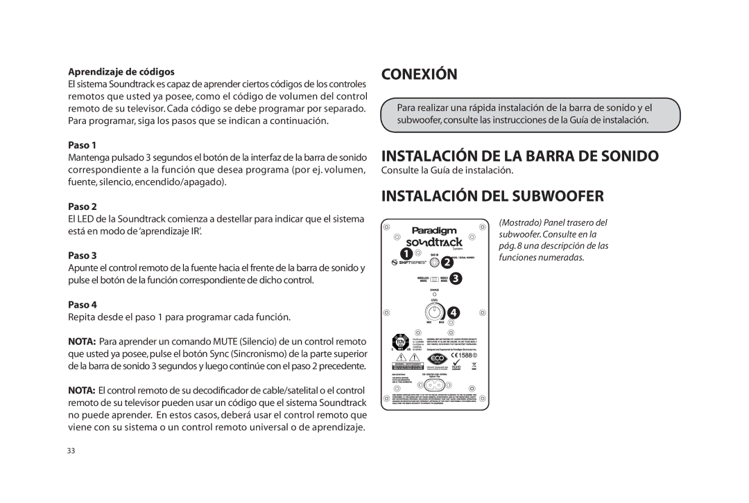 Paradigm SOUNDTRACK Conexión, Instalación DE LA Barra DE Sonido, Instalación DEL Subwoofer, Aprendizaje de códigos 