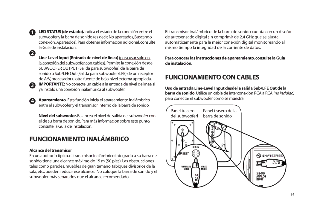 Paradigm SOUNDTRACK Funcionamiento Inalámbrico, Funcionamiento CON Cables, Alcance del transmisor, Panel trasero 