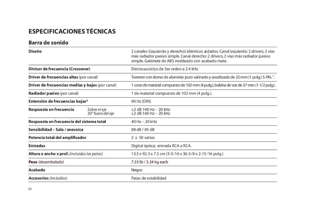 Paradigm SOUNDTRACK owner manual Especificaciones Técnicas 