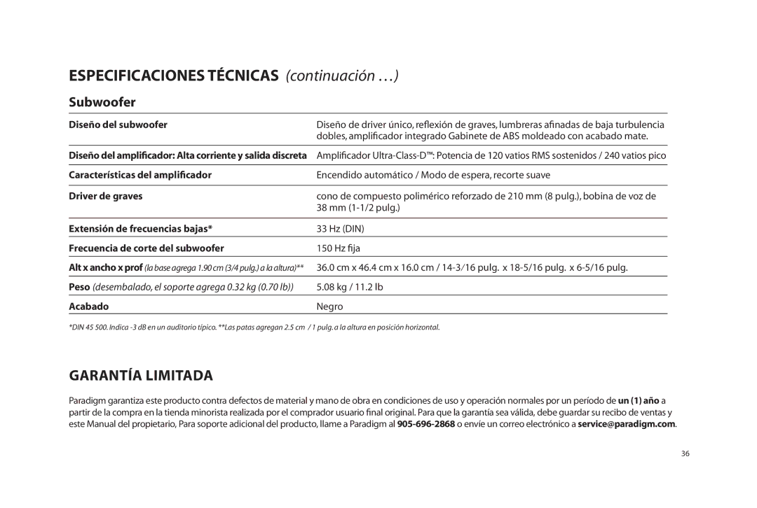 Paradigm SOUNDTRACK owner manual Garantía Limitada, Diseño del subwoofer, Características del ampliﬁcador, Driver de graves 