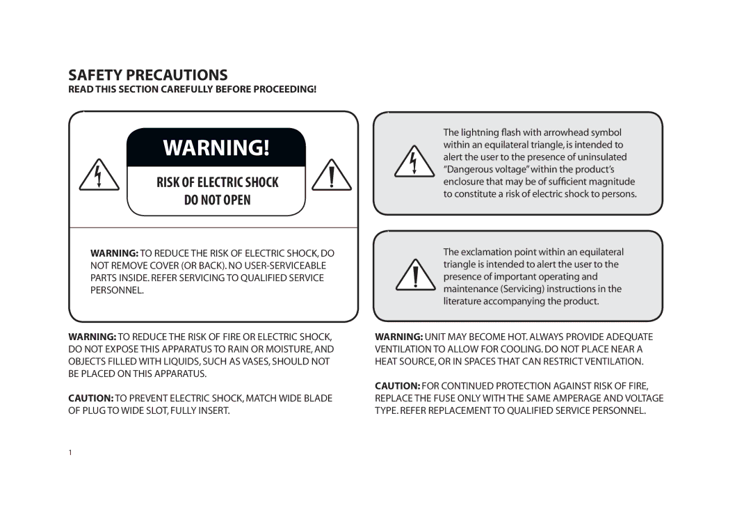 Paradigm SOUNDTRACK owner manual Safety Precautions, Risk of Electric Shock Do not Open 