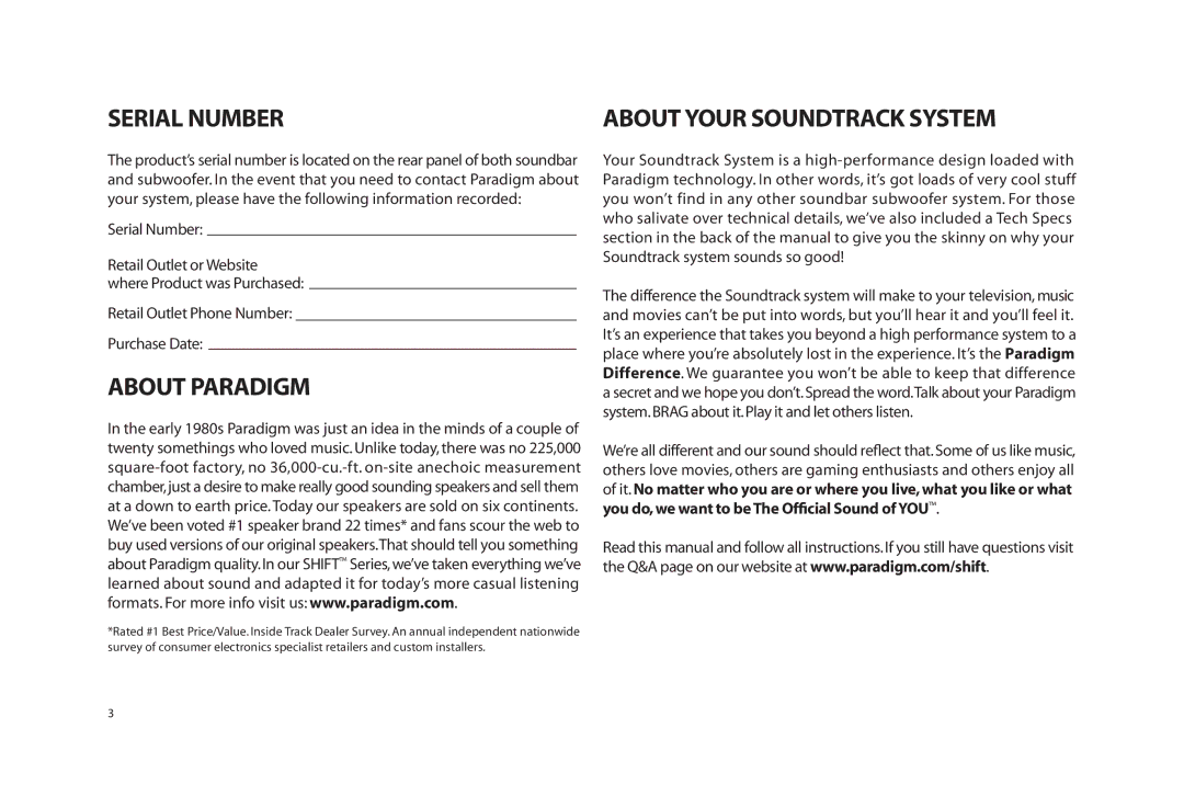 Paradigm SOUNDTRACK owner manual Serial Number, About Paradigm, Retail Outlet Phone Number Purchase Date 