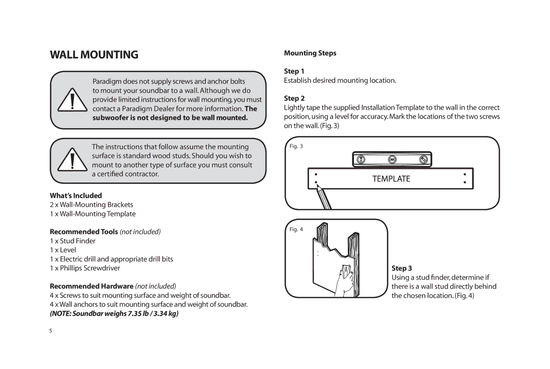 Paradigm SOUNDTRACK owner manual Wall Mounting 