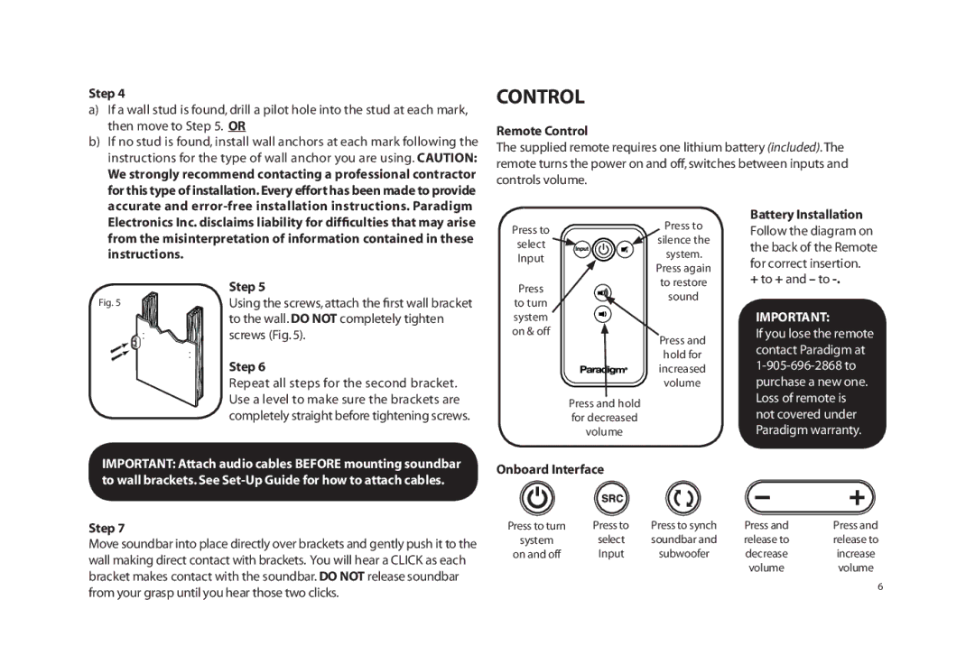 Paradigm SOUNDTRACK owner manual Control 