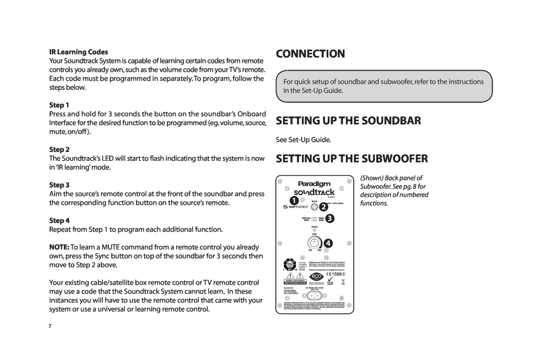 Paradigm SOUNDTRACK owner manual Connection, Setting Up The Soundbar, Setting Up The Subwoofer, IR Learning Codes, Step 