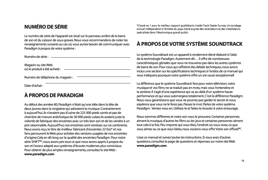 Paradigm SOUNDTRACK owner manual Numéro De Série, À Propos De Paradigm, À Propos De Votre Système Soundtrack 