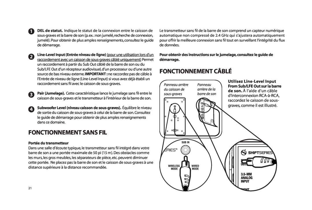 Paradigm SOUNDTRACK owner manual Fonctionnement Câblé, Fonctionnement Sans Fil, Panneau arrière, du caisson de, sous-graves 
