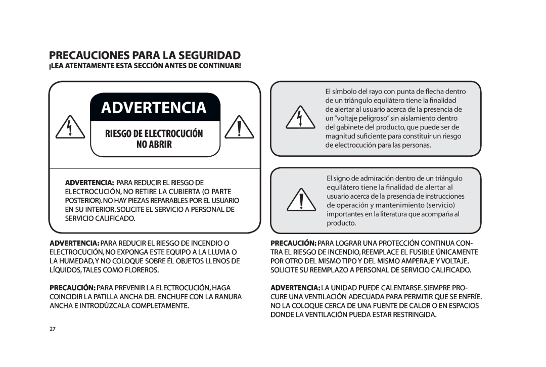 Paradigm SOUNDTRACK owner manual Precauciones Para La Seguridad, Riesgo De Electrocución No Abrir, Advertencia 