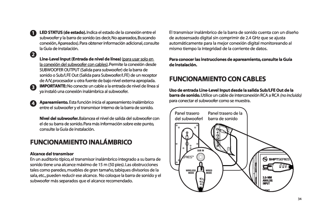 Paradigm SOUNDTRACK owner manual Funcionamiento Inalámbrico, Funcionamiento Con Cables, Alcance del transmisor 