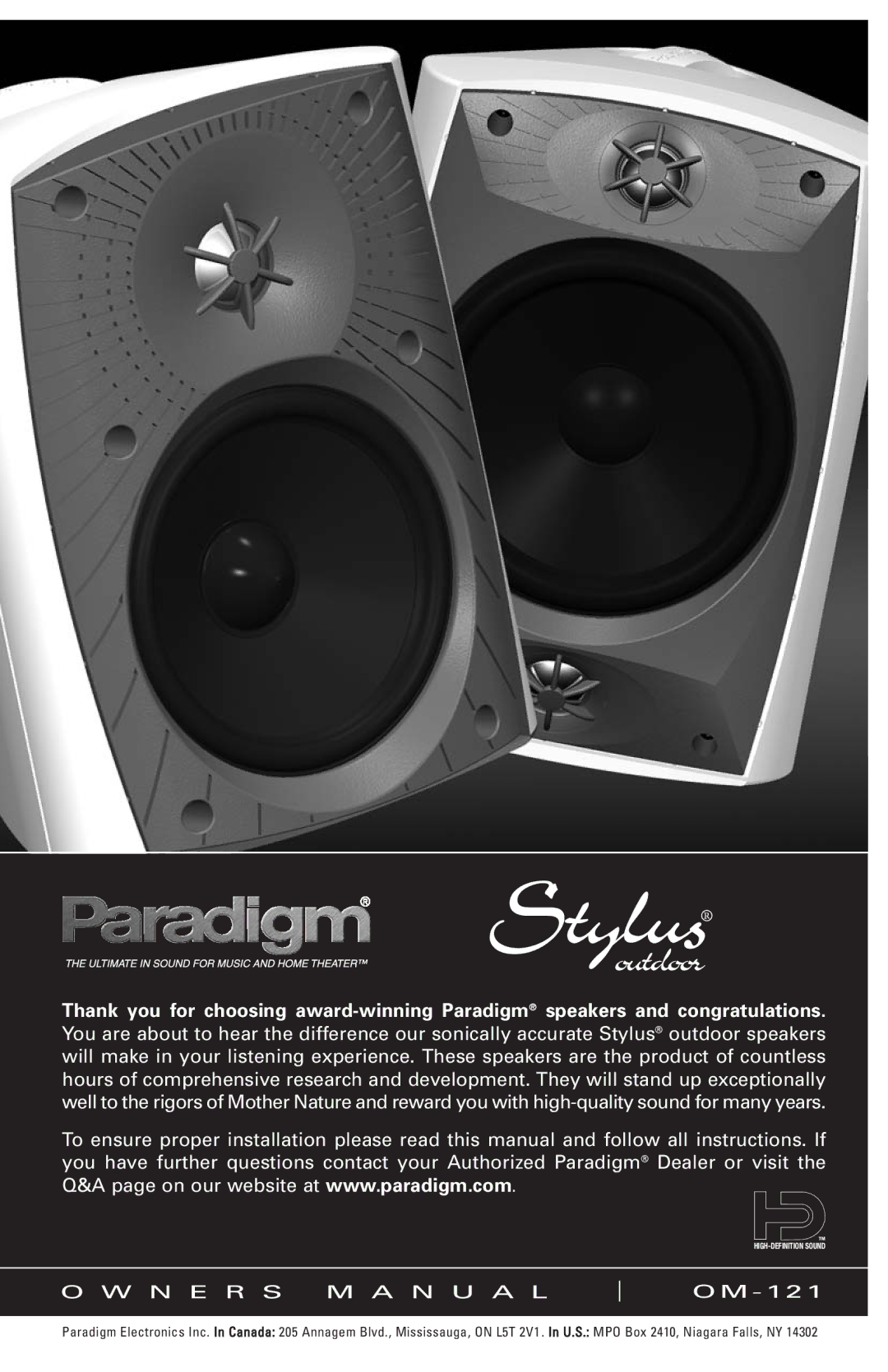 Paradigm 270, Stylus Outdoor Speakers, OM-121 owner manual 