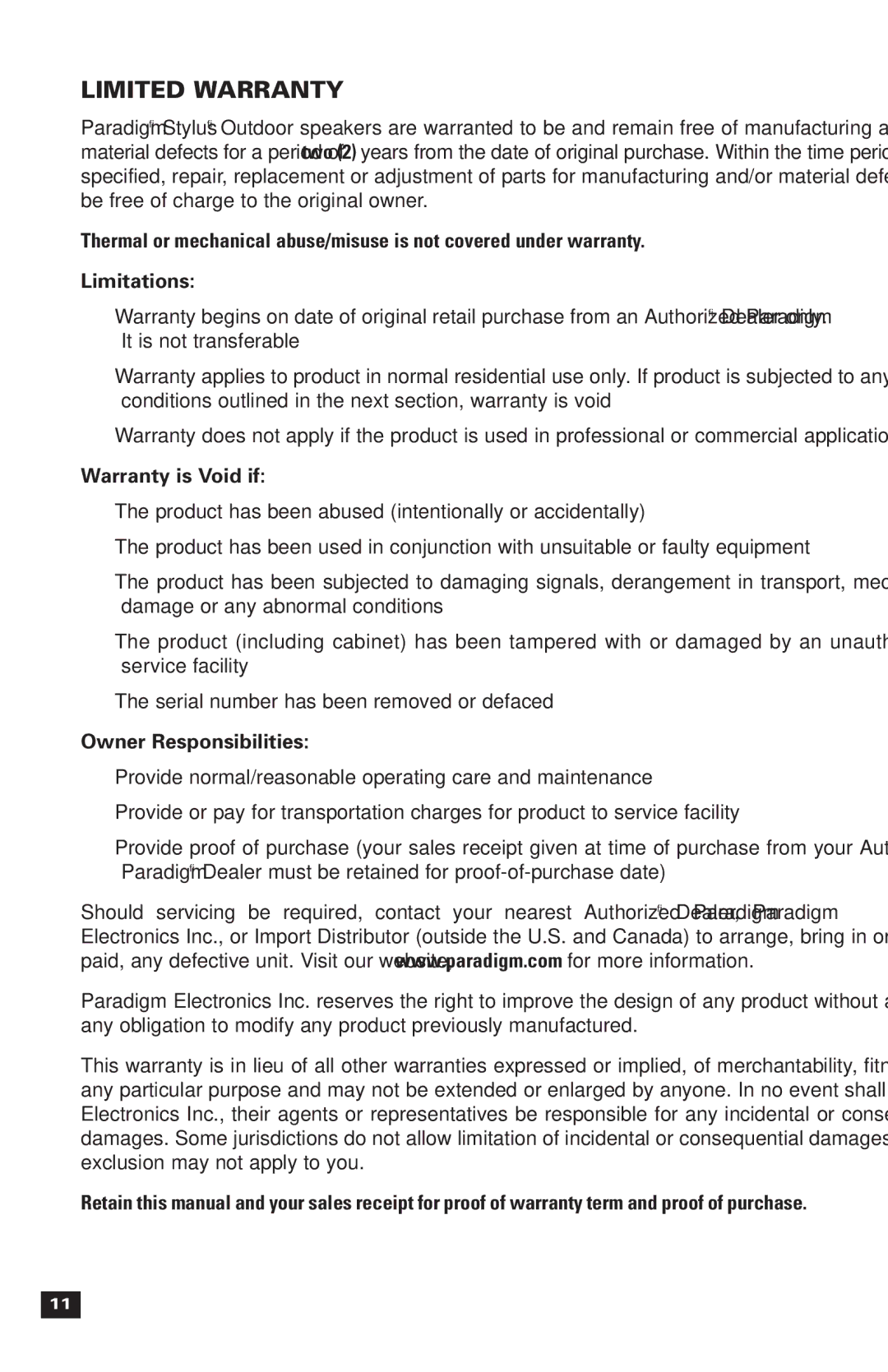Paradigm Stylus Outdoor Speakers, 270, OM-121 owner manual Limited Warranty, Warranty is Void if, Owner Responsibilities 